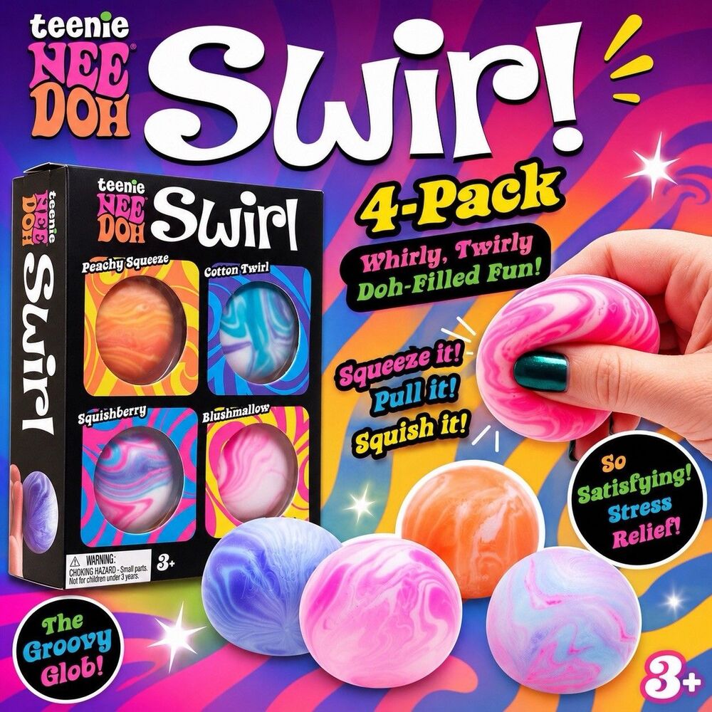 NeeDoh Teenie Swirl 4-pack, Nee Doh Mini Squishy Stress Balls, Set Of Four